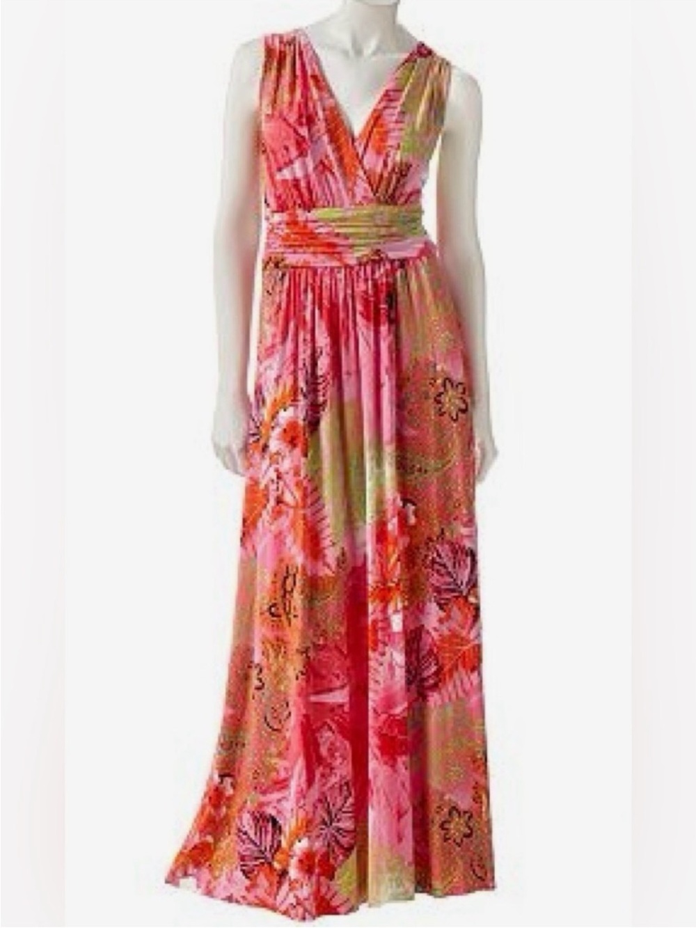 Jennifer Lopez Pink & Orange Floral V-Neck Maxi Dress